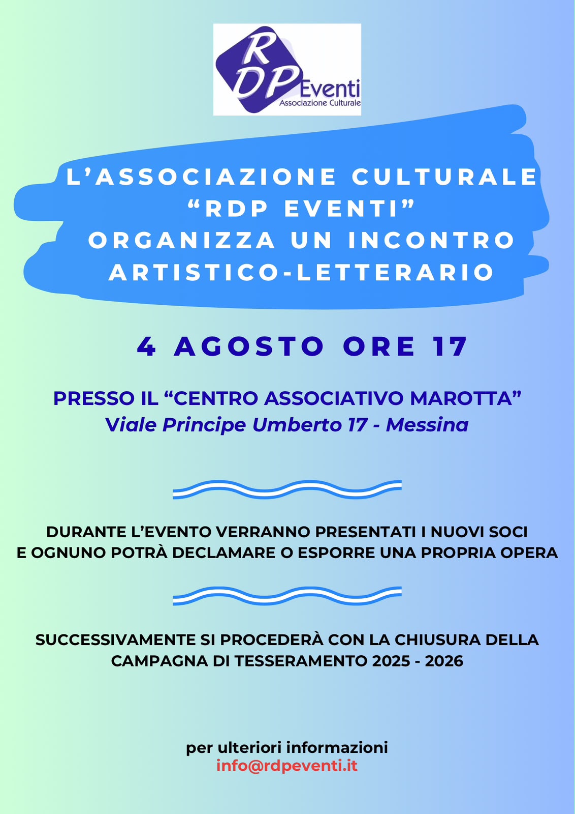 MARTEDÌ 4 AGOSTO 2026, ALLE ORE 17, SI TERRÀ UN INCONTRO ARTISTICO-LETTERARIO