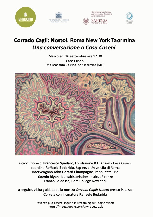 Corrado Cagli: Nostoi. Roma New York Taormina Una conversazione a Casa Cuseni-16 settembre 2026, ore 17.30 Evento a ingresso libero ma su prenotazione