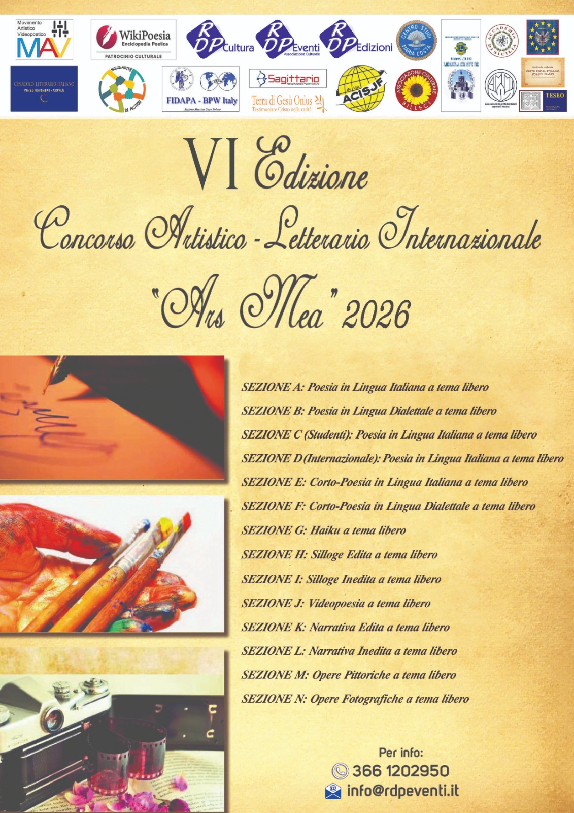 PROROGATA AL 30 SETTEMBRE 2026 LA SCADENZA DELLA VI EDIZIONE DEL CONCORSO ARTISTICO-LETTERARIO INTERNAZIONALE “ARS MEA” 2026