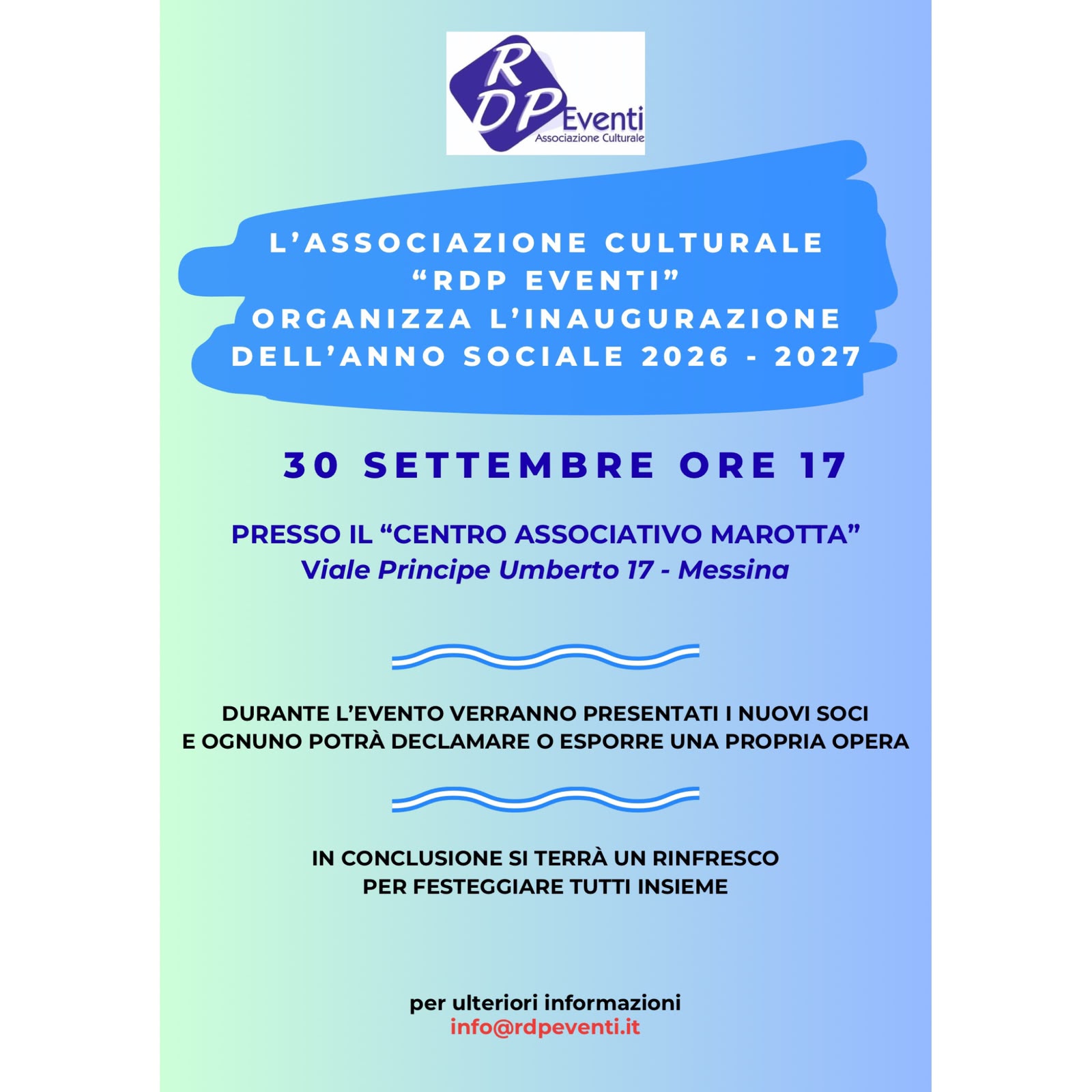 MERCOLEDÌ 30 SETTEMBRE 2026, ALLE ORE 17, SI TERRÀ L’INAUGURAZIONE DELL’ANNO SOCIALE 2026-2027